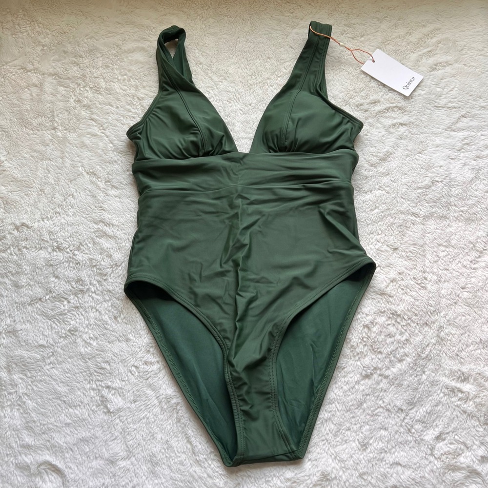 Quince Womens Recycled Polyamide V-Neck One-Piece Swimsuit Forest Green S Resort